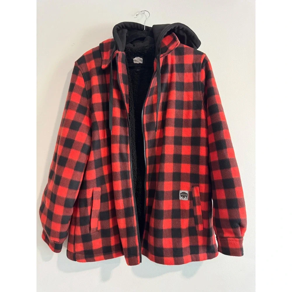 Buffalo Outdoors Hooded Fleece Shirt Jacket Men L Red Buffalo Plaid Sherpa Lined